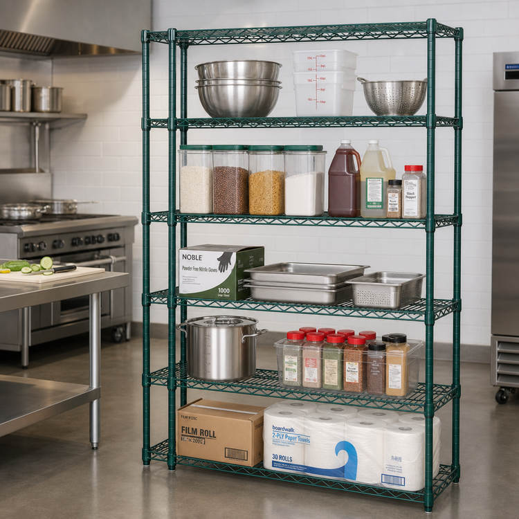 Product image #2 for Quantum 60-Inch Wide x 21-Inch Deep x 86-Inch High Green Epoxy Coated 5-Shelf Wire Shelving Starter Kit