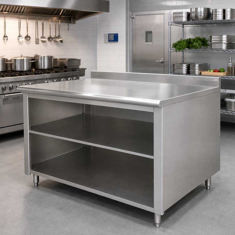 Product image #2 for Advance Tabco 96-Inch x 36-Inch 304 Stainless Steel Work Table with Open Front Cabinet Base, Mid-Shelf, and 1-1/2-Inch Rear Up-Turn