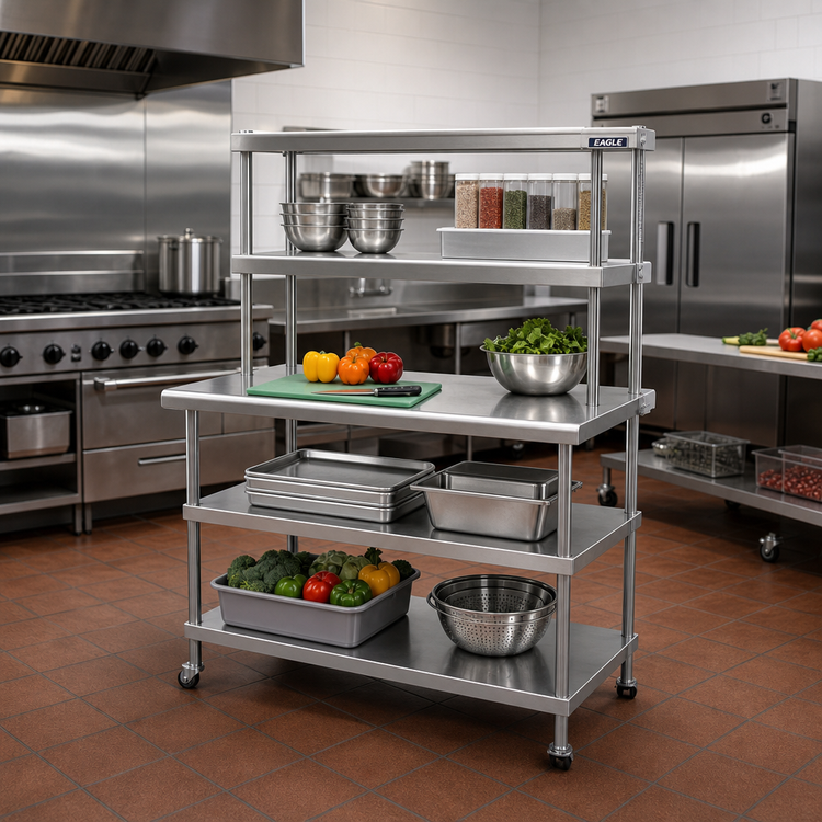 Product image #2 for Eagle AdjusTable T3048EBW-2 Two-Tier Heavy-Duty Stainless Steel Work Table with Double Overshelf, 48 x 30 Inches