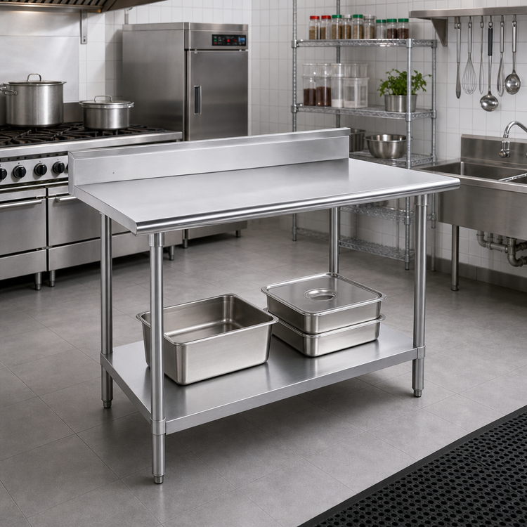 Product image #2 for Advance Tabco 60 x 24-Inch 16-Gauge 430 Stainless Steel Work Table with 5-Inch Backsplash and Galvanized Undershelf