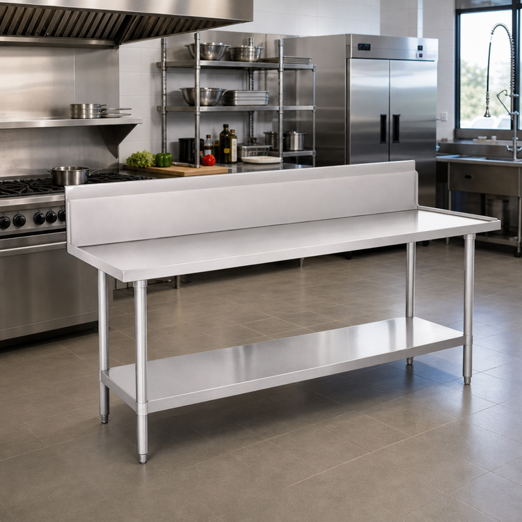 Product image #2 for Advance Tabco 144-Inch 14-Gauge 304 Stainless Steel Work Table with 10-Inch Backsplash and Undershelf