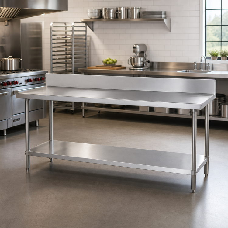 Product image #2 for Advance Tabco 144-Inch 14-Gauge 304 Stainless Steel Work Table with 10-Inch Backsplash and Undershelf