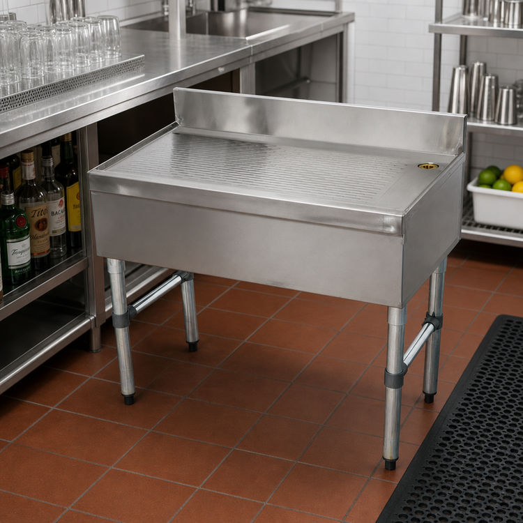 Product image #2 for Advance Tabco Underbar Basics Freestanding Stainless Steel Underbar Drainboard, 18 x 21 x 33 Inches, 4-Inch Backsplash