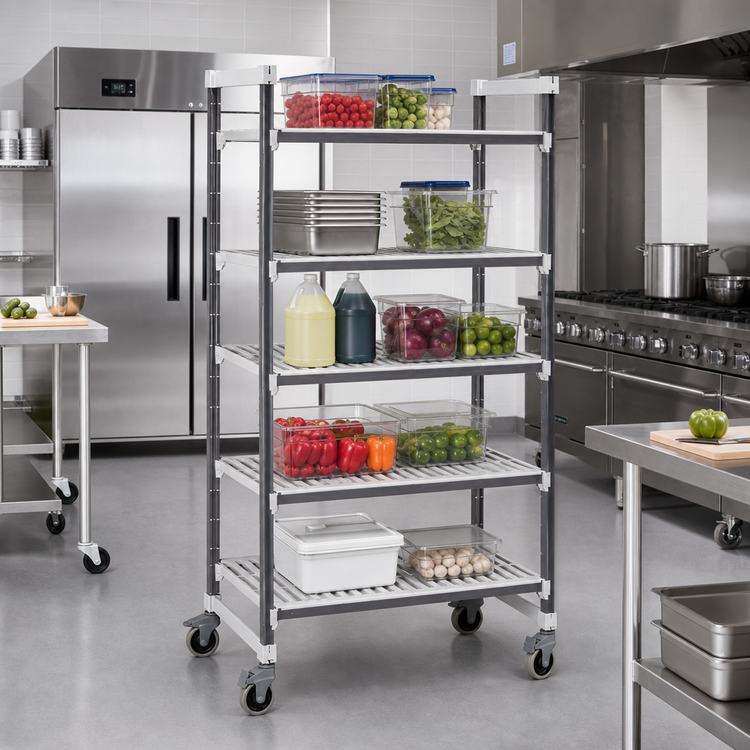 Product image #2 for Cambro Camshelving Elements XTRA 21-Inch W x 36-Inch L x 70-1/4-Inch H 5-Tier Mobile Starter Unit, Speckled Gray