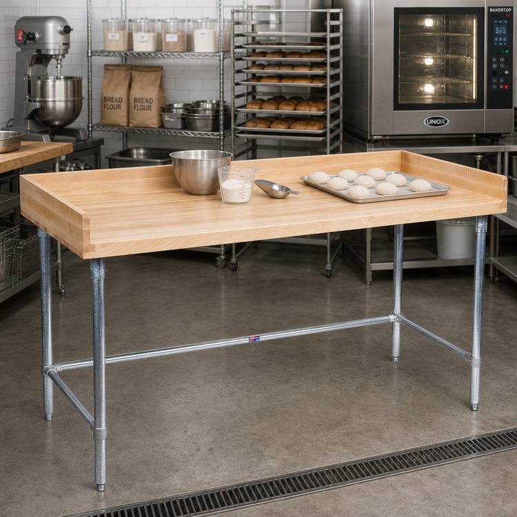 Product image #2 for BK Resources 96 Inch x 36 Inch Hard Maple Bakers Table with Galvanized Open Base