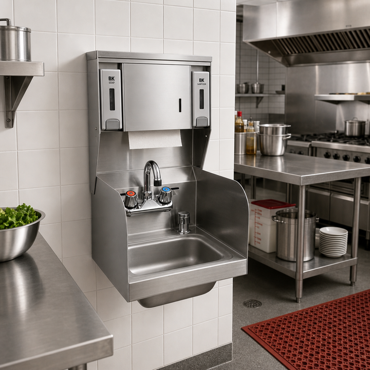 Product image #2 for BK Resources Space Saver Wall-Mount Hand Sink with Faucet, Towel and Soap Dispensers, Dual Side Splashes, 9 x 9 Bowl