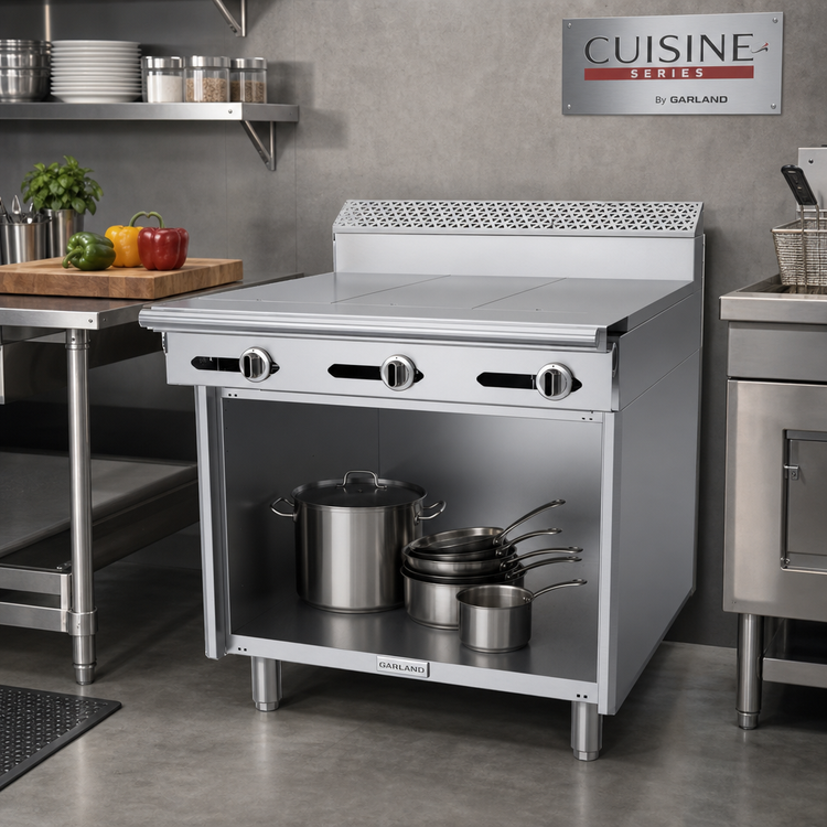 Product image #2 for Garland Cuisine Series 36-Inch Gas Heavy Duty Range with Three 12-Inch Even-Heat Hot Tops and Storage Base