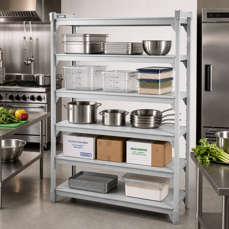 Product image #3 for Cambro Camshelving Premium 24" x 72" Solid Shelf Kit, 5-Shelf, Speckled Gray