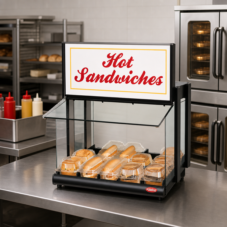 Product image #2 for Hatco Glo-Ray® Countertop Slanted Shelf Display Warmer with Sneeze Guard and Standard Bins