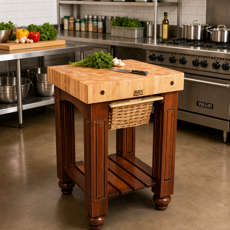 Product image #3 for John Boos American Heritage Gathering Block Butcher Block Work Table with 4-Inch End Grain Maple Top and Wicker Basket, 25 x 24 x 36 Inches