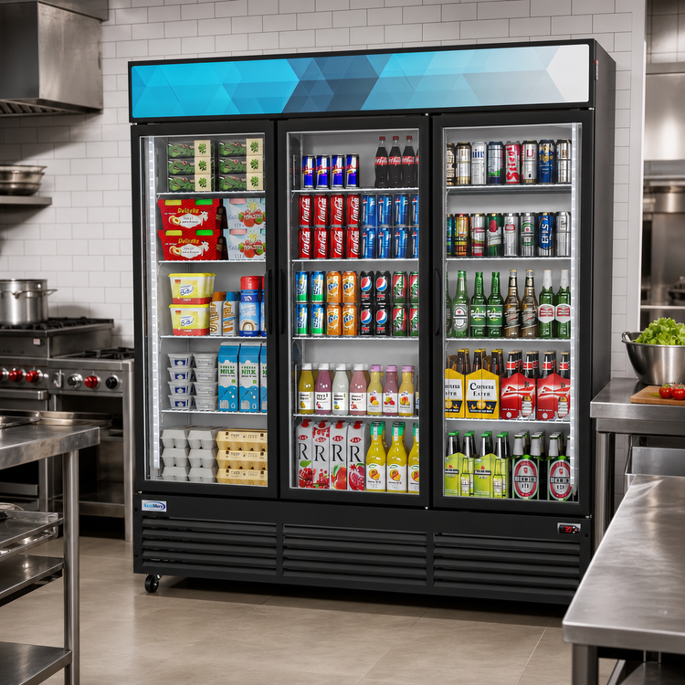 Product image #2 for KoolMore Three-Section Glass Door Merchandiser Refrigerator, 56 Cu. Ft., Bottom-Mount, Black
