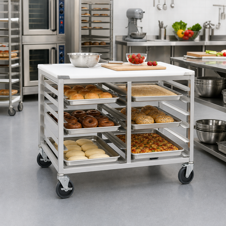 Product image #2 for Double-Section Aluminum Bun Pan Rack Work Table with Poly Top, End-Load Angle Slides, and 5-Inch Swivel Casters