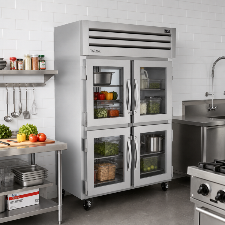 Product image #2 for SPEC SERIES Two-Section Pass-Thru Reach-In Refrigerator with 4 Front Glass Half Doors and 2 Rear Glass Doors