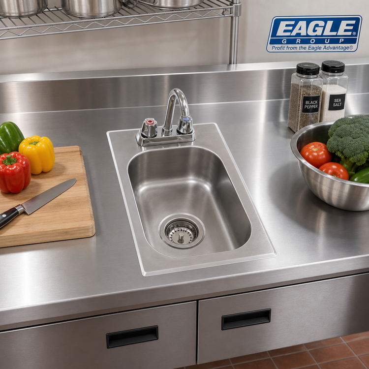 Product image #2 for Eagle Group Self-Rimming Stainless Steel Drop-In Sink, 1 Compartment, 10 x 14 x 5-Inch Bowl, with Faucet and Basket Drain
