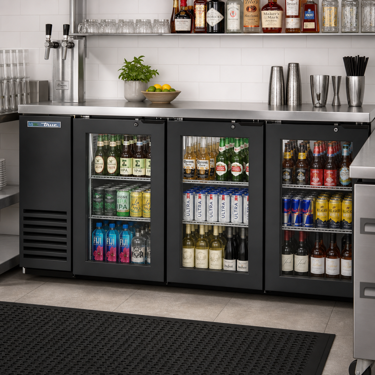 Product image #2 for True Two-Section Three-Door Glass Back Bar Cooler, 72 1/8-Inch, Black Exterior, Self-Contained Side-Mounted