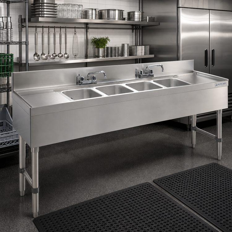 Product image #2 for Advance Tabco Underbar Basics™ 72-Inch 4-Compartment Stainless Steel Underbar Sink Unit with Double Drainboards and Deck-Mount Faucets