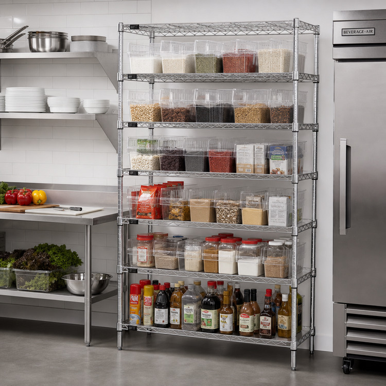 Product image #2 for Quantum 36"W x 12"D x 74"H Chrome Plated Stationary Bin Wire Shelving System with 8 Shelves and 28 Clear Bins