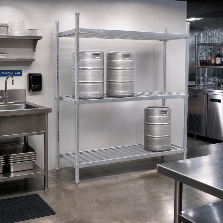 Product image #2 for Advance Tabco Aluminum Adjustable Keg Rack, 60"W x 20"D x 76"H, 3 Shelves, 6 Keg Capacity