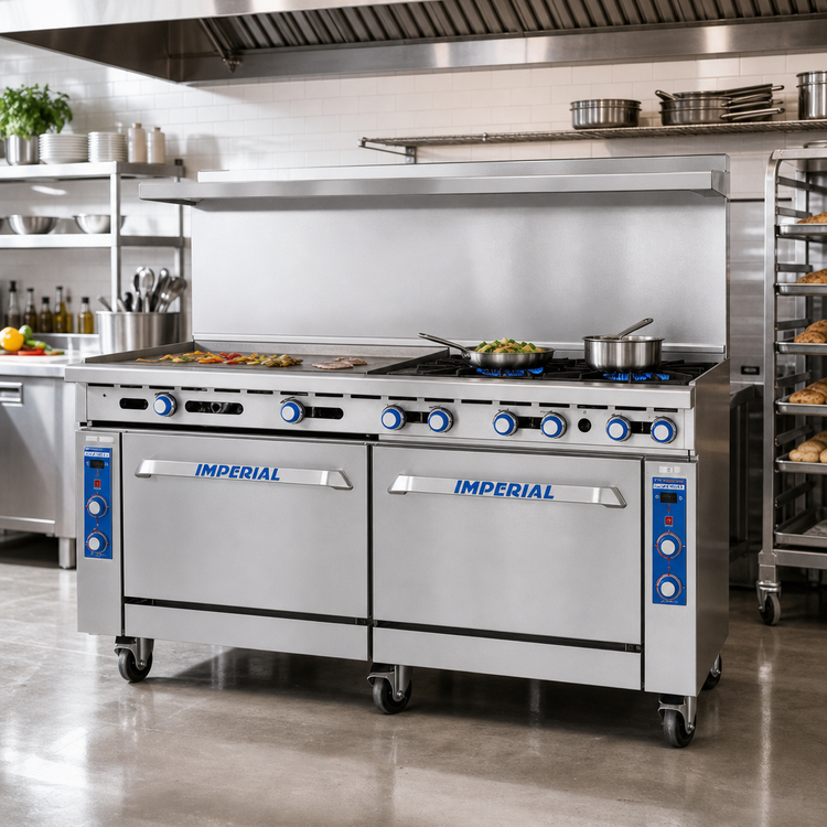 Product image #2 for Imperial Pro Series 72-Inch Gas Restaurant Range with 4 Open Burners, 48-Inch Griddle, Convection Oven and Open Cabinet Base