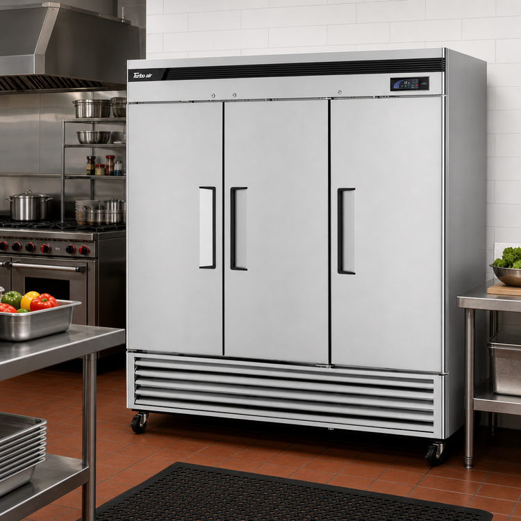 Product image #2 for Turbo Air Super Deluxe Three-Section Solid Door Reach-In Refrigerator, 64.1 Cu. Ft., Bottom Mount