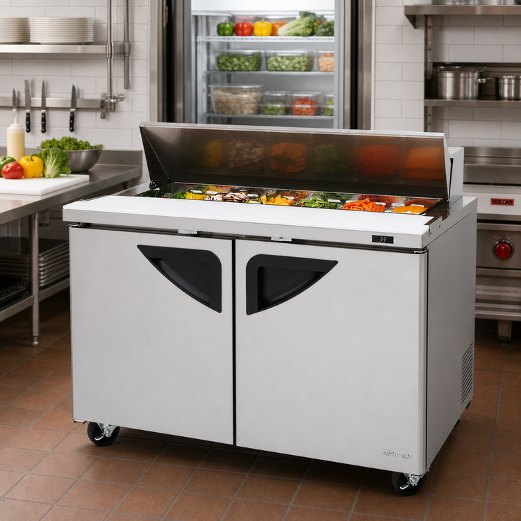 Product image #2 for Turbo Air Super Deluxe 48-1/4-Inch Two-Section 2-Door Sandwich/Salad Prep Table, 12-Pan Opening