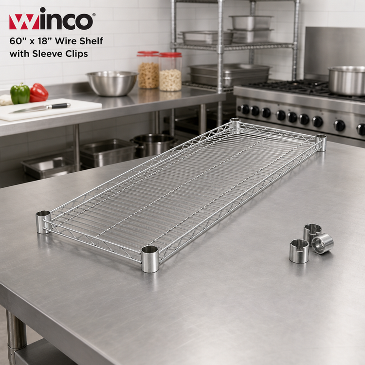 Product image #3 for Winco 60-Inch x 18-Inch Chrome Plated Wire Shelf with Sleeve Clips