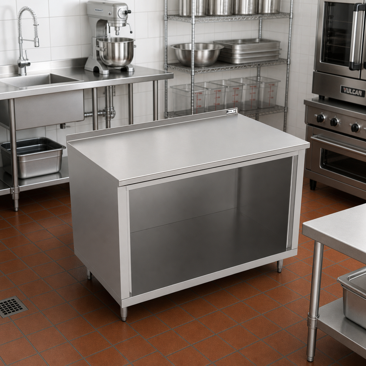 Product image #2 for John Boos Open Front Cabinet Base Work Table, 60 x 36 Inches, 14 Gauge 300 Series Stainless Steel Top, 1-1/2 Inch Rear Up-Turn