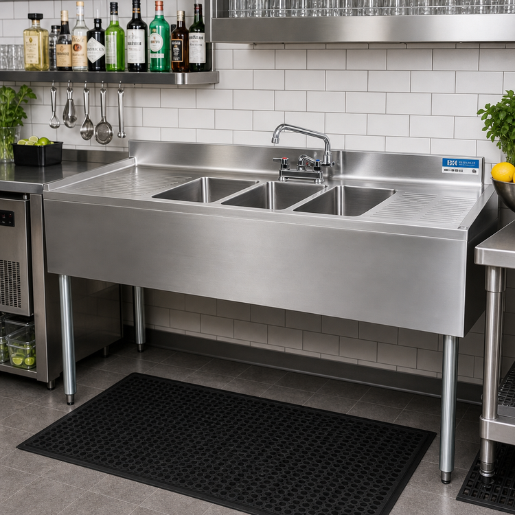 Product image #2 for BK Resources 84-Inch Three-Compartment Underbar Sink with Left and Right Drainboards and Faucet