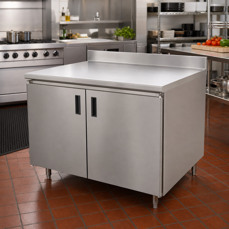 Product image #2 for Advance Tabco 60-Inch x 24-Inch 14-Gauge 304 Stainless Steel Enclosed Work Table with Cabinet Base, Hinged Doors, and 5-Inch Backsplash