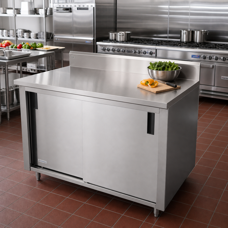 Product image #2 for Advance Tabco 84-Inch x 36-Inch Enclosed Work Table with Sliding Door Cabinet Base, 14 Gauge 304 Stainless Steel Top, 5-Inch Backsplash