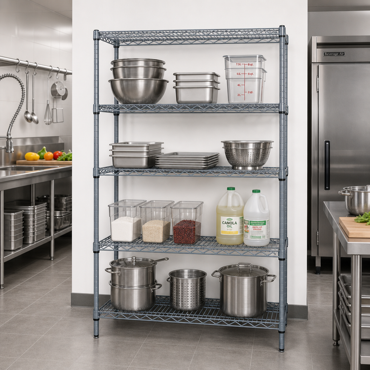 Product image #2 for Quantum Stationary Wire Shelving Starter Kit, 60 x 36 x 74 Inch, 4 Shelves, Gray Epoxy Antimicrobial Finish