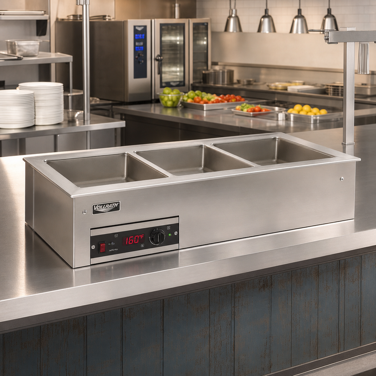 Product image #2 for Vollrath 4-Pan Short-Sided Drop-In Hot Well with Thermostatic Controls, Autofill, and Manifold Drain, 120V