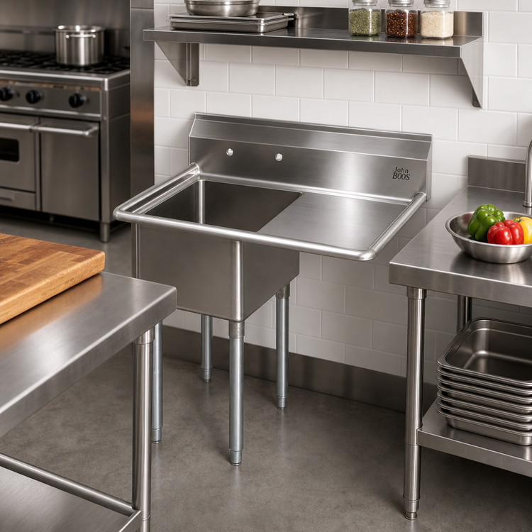 Product image #2 for John Boos E-Series 1-Compartment Sink with Right Drainboard, 16 x 20 x 12-Inch Bowl