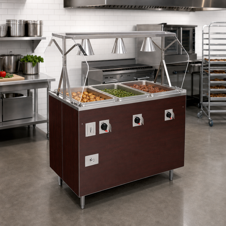 Product image #2 for Vollrath 2-Series Affordable Portable 3-Well Mobile Hot Food Station with Buffet Breath Guard and Cherry Woodgrain Enclosed Base