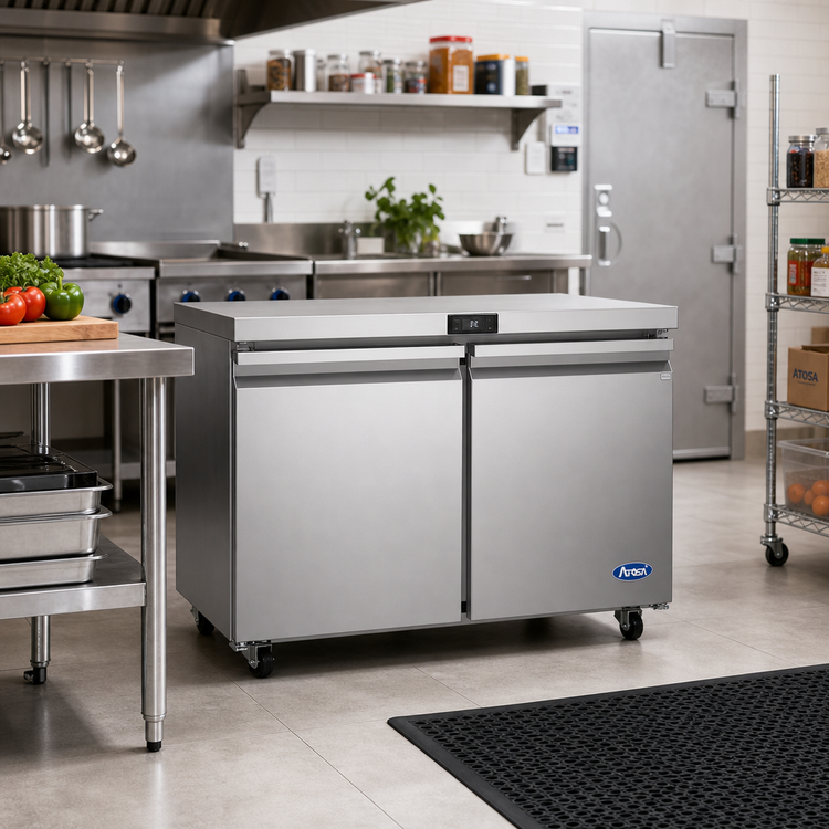 Product image #1 for Atosa AUF60SD Two-Section Undercounter Reach-In Freezer, 15 Cu. Ft., Rear-Mounted Self-Contained, Stainless Steel, 115V