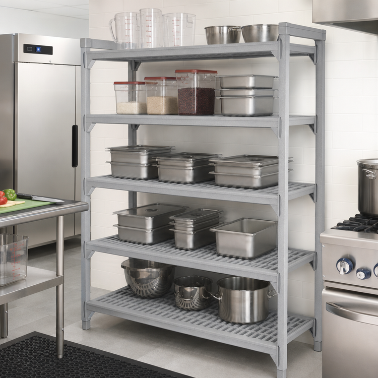Product image #3 for Cambro Camshelving Premium 21" x 72" 5-Shelf Vented Polymer Shelf Kit, Speckled Gray