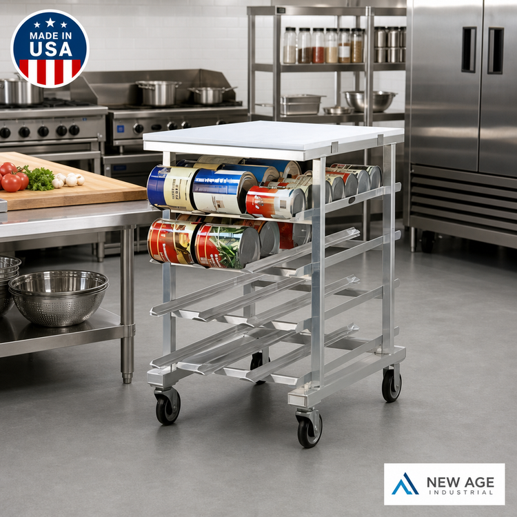 Product image #2 for New Age Half-Size Mobile Aluminum Can Storage Rack with Poly Top, 96 #5 or 72 #10 Can Capacity