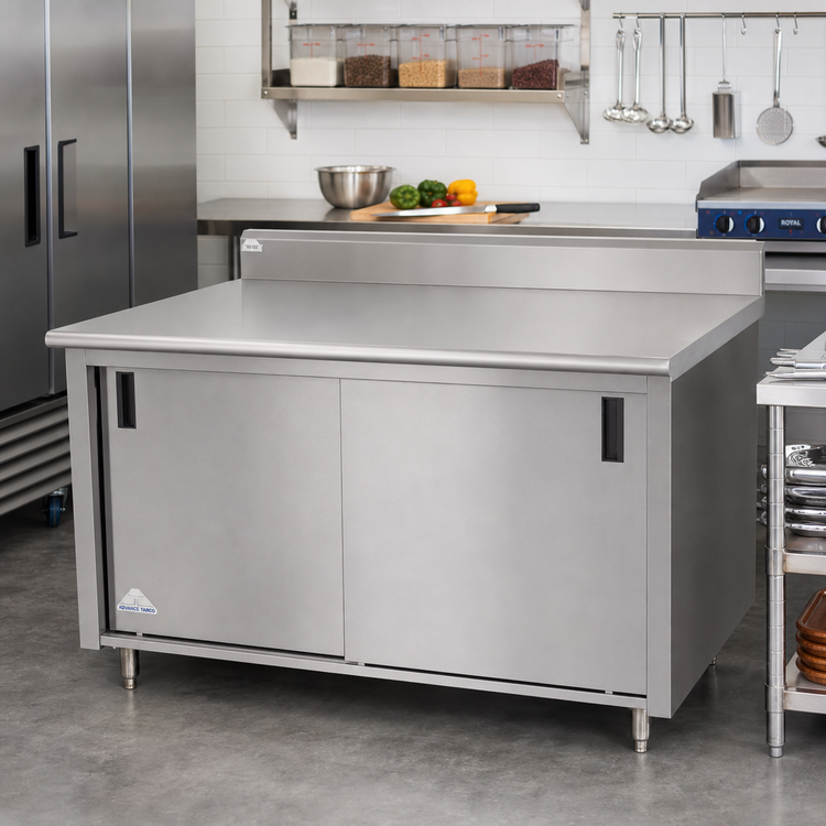 Product image #2 for Advance Tabco Special Value Series 120 x 30 Inches Enclosed Work Table with Cabinet Base, Mid-Shelf and Sliding Doors