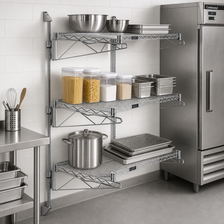 Product image #2 for Quantum Wall-Mounted Cantilever Shelving Starter Unit with 3 Wire Shelves, 54-Inch Posts, Chrome Plated Finish