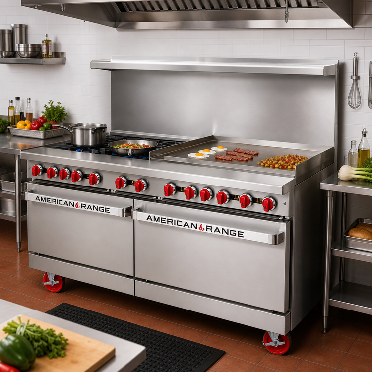 Product image #2 for American Range 60-Inch Gas Restaurant Range with 48-Inch Griddle, 2 Open Burners, Convection Oven, and Storage Base