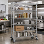 Thumbnail image #2 for Quantum M2448SL6C Mobile Chrome Wire Shelving Cart, 48"W x 24"D x 63"H, 5 Shelves (2 Flat, 3 Slanted), 5" Casters, 2 Brakes