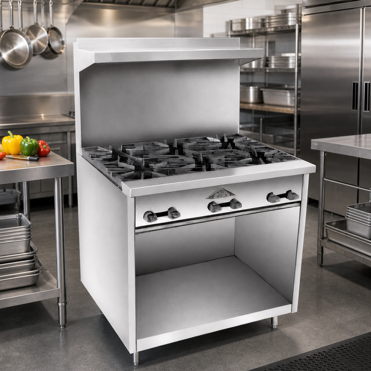 Product image #2 for Comstock-Castle F33 36-Inch Commercial Gas Range with 6 Open Burners, Open Front Cabinet Base, Backriser and High Shelf