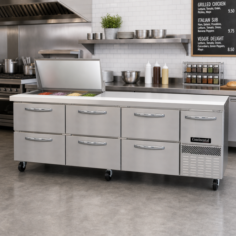 Product image #2 for Continental Refrigerator RA93N12M-D 93-Inch Mighty Top 12-Pan Refrigerated Sandwich Prep Table with 6 Drawers
