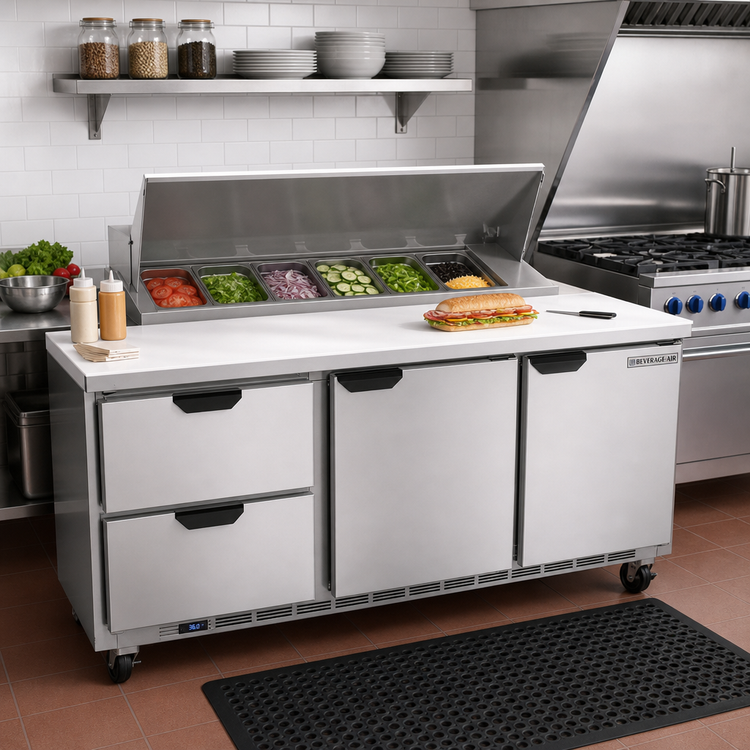 Product image #3 for Beverage-Air 72-Inch Three-Section Sandwich Top Refrigerated Prep Table with 8-Pan Opening, 2 Drawers, and 2 Doors