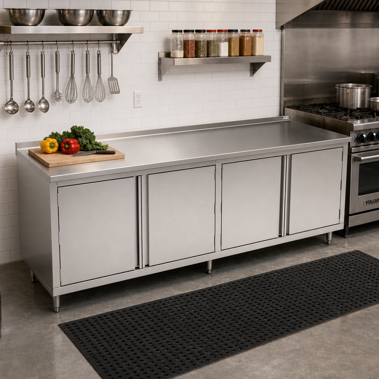 Product image #2 for John Boos 108-Inch x 30-Inch Enclosed Work Table with Cabinet Base, Double-Panel Hinged Doors, 16-Gauge Stainless Steel Top, and 1-1/2-Inch Rear Riser