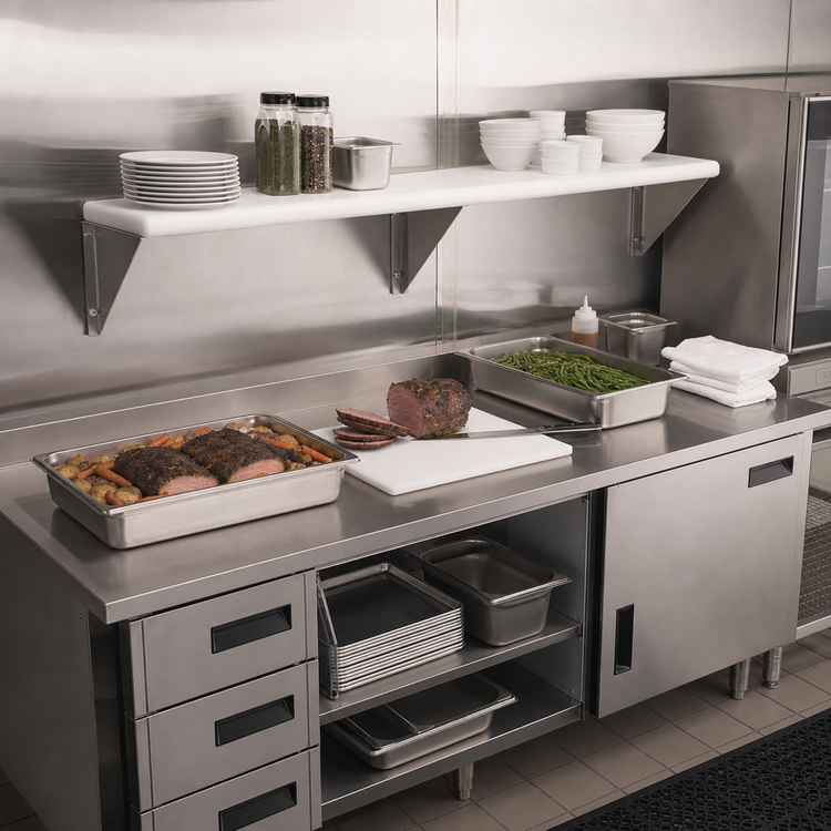 Product image #2 for Advance Tabco Triumph (Supreme) 47-1/8-Inch Stainless Steel Carving Station Shelf with Removable 3/8-Inch White Poly Cutting Board
