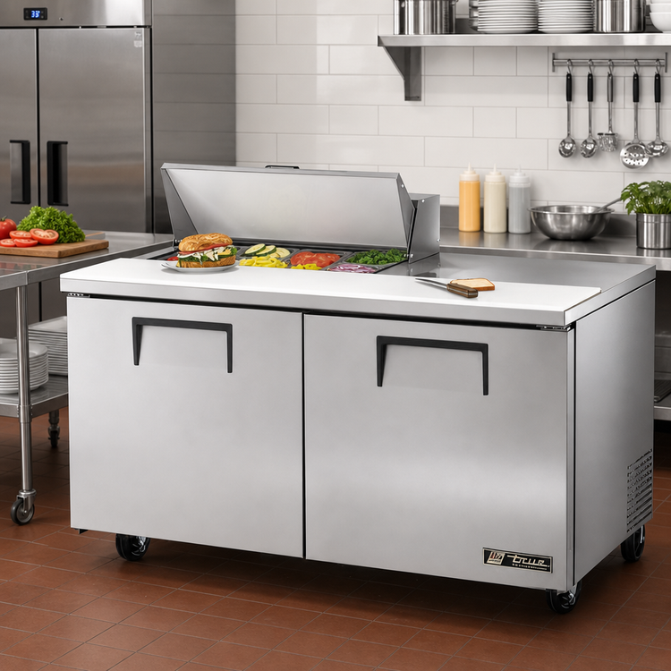Product image #2 for True 60-Inch 2-Section Sandwich/Salad Refrigerated Prep Table with 8-Pan Top and Double-Door Base