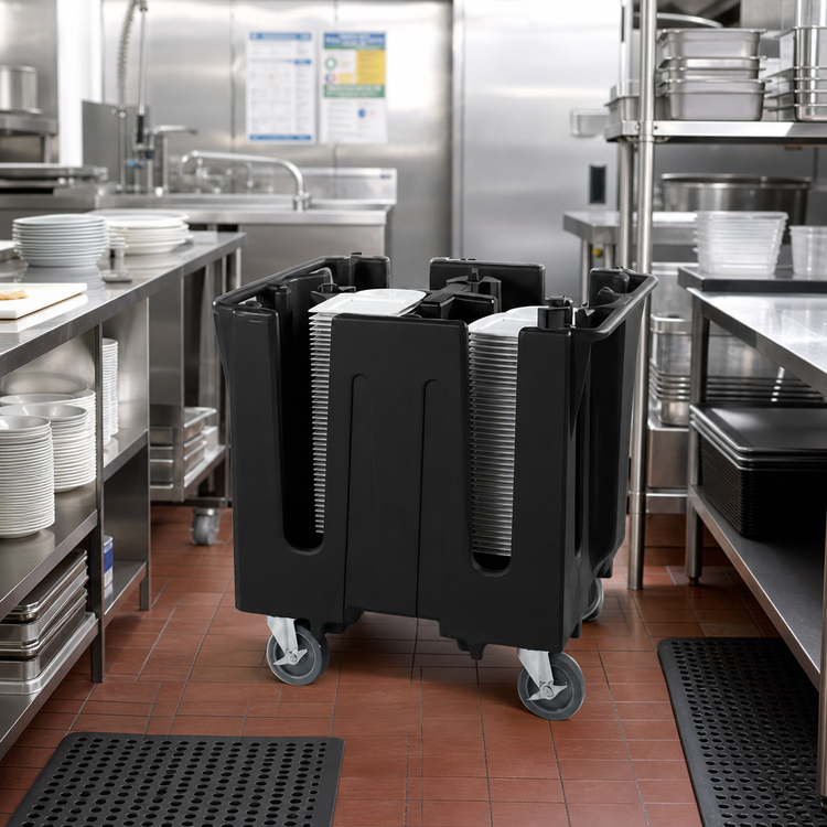 Product image #2 for Vollrath Traex Adjustable 4-Stack Dish Caddy Dolly for 8-1/2" to 9-1/2" Round Plates/Bowls, Black