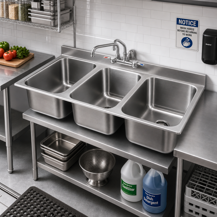 Product image #2 for Advance Tabco 3-Compartment Drop-In Sink with 16 x 20 x 12-Inch Bowls, 304 Stainless Steel, Faucet and Drain Included