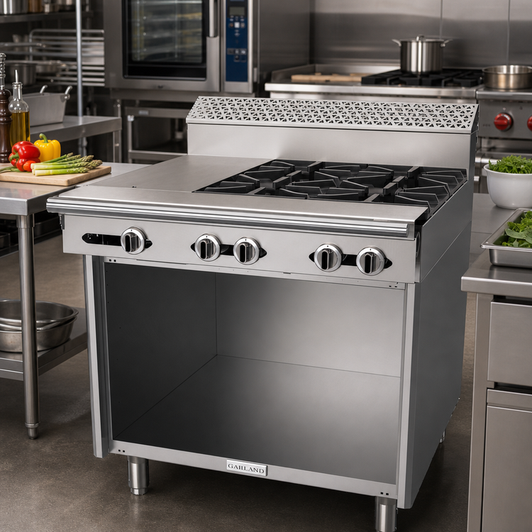 Product image #2 for Garland Cuisine Series 36-Inch Heavy Duty Gas Combination Top Range with 4 Open Burners, 12-Inch Hot Top, and Storage Base